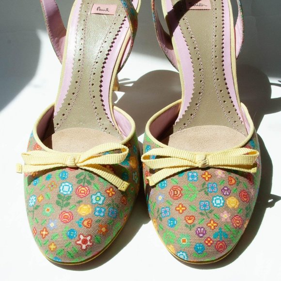 Paul Smith Floral Canvas Leather Slingback Heels - Picture 3 of 9